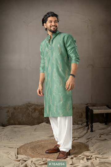 Sage Green Leaf Embroidery Motif Kurta