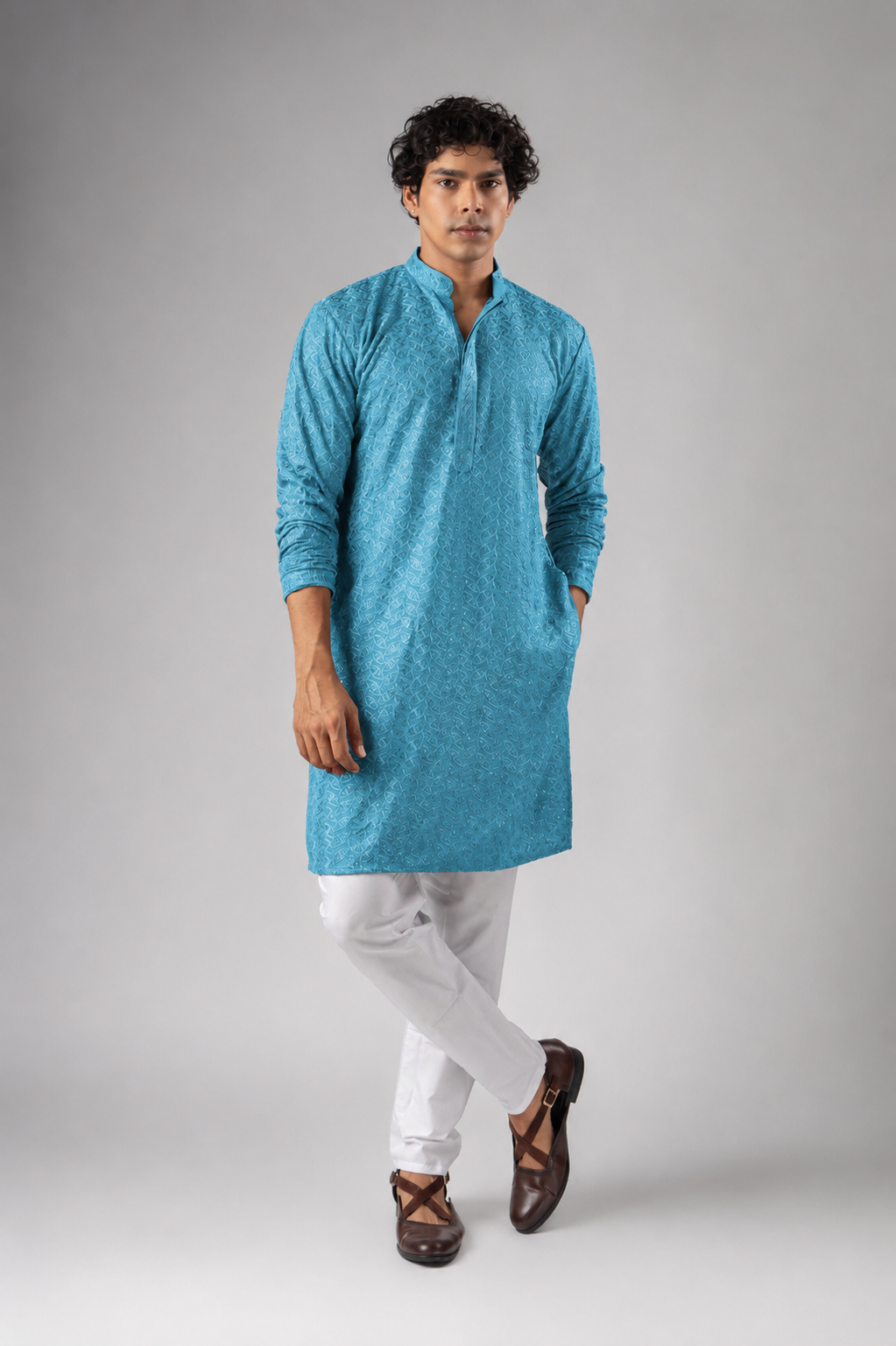 Cyan Blue Embroidery Kurta