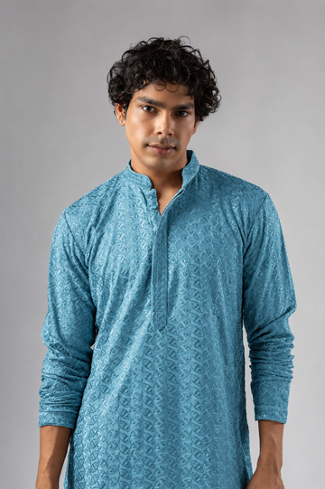 Cyan Blue Embroidery Kurta