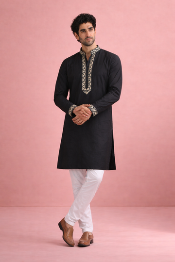 Black Kurta with Intricate Neck Embroidery