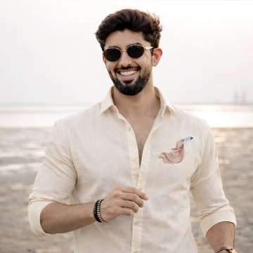 Cream Linen Resort Shirt with Feather Embroidery