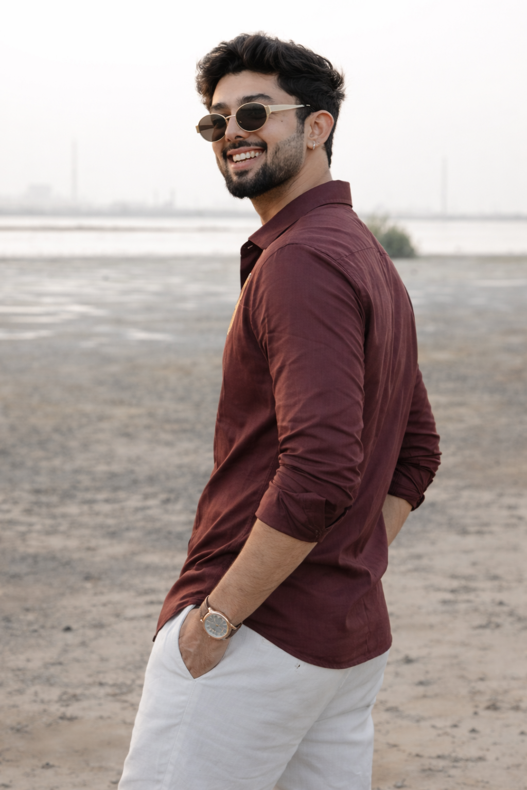 Brown Linen Resort Shirt with Feather Embroidery