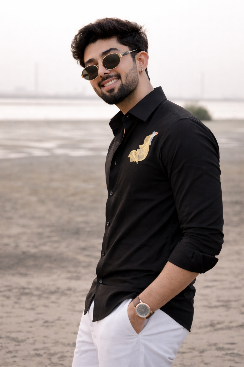 Black Linen Resort Shirt with Feather Embroidery