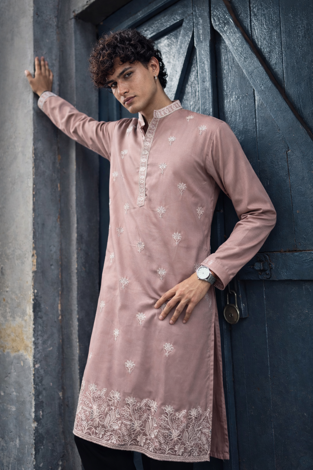 Classic Dusty Pink Ethnic Kurta with Floral Embroidery