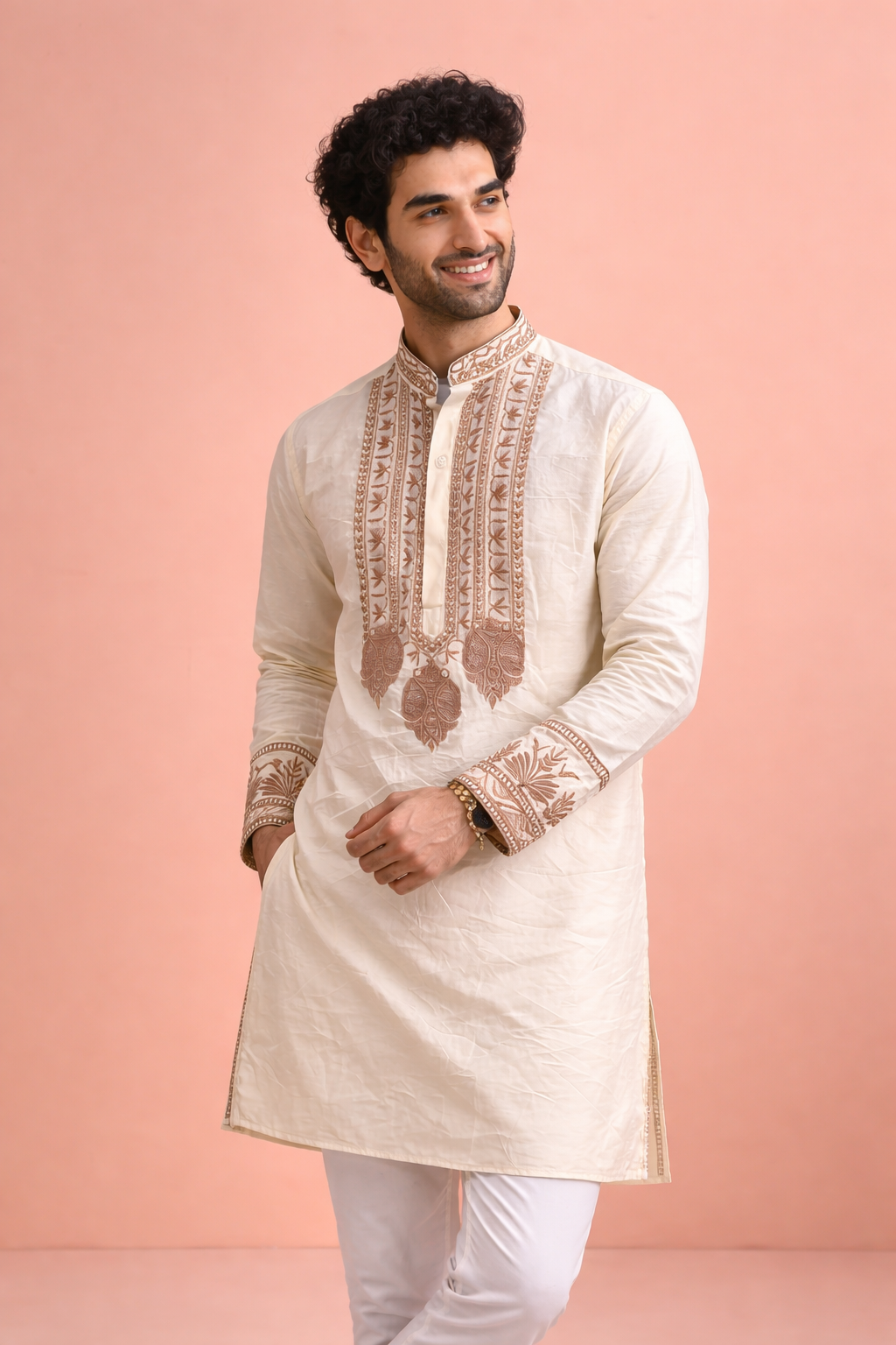 Cream Kurta with Intricate Thread Embroidery