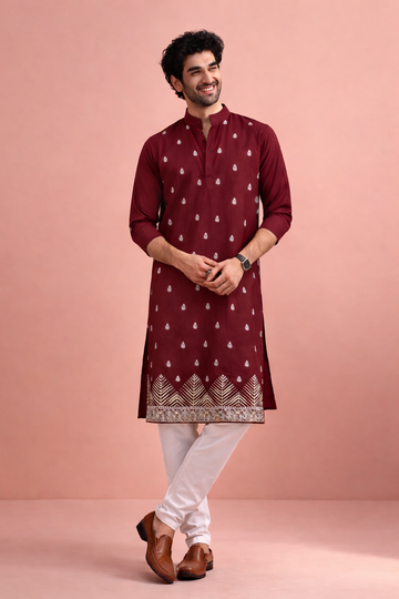 Rich Maroon Velvet Embroidered Kurta with Allover Buta Design