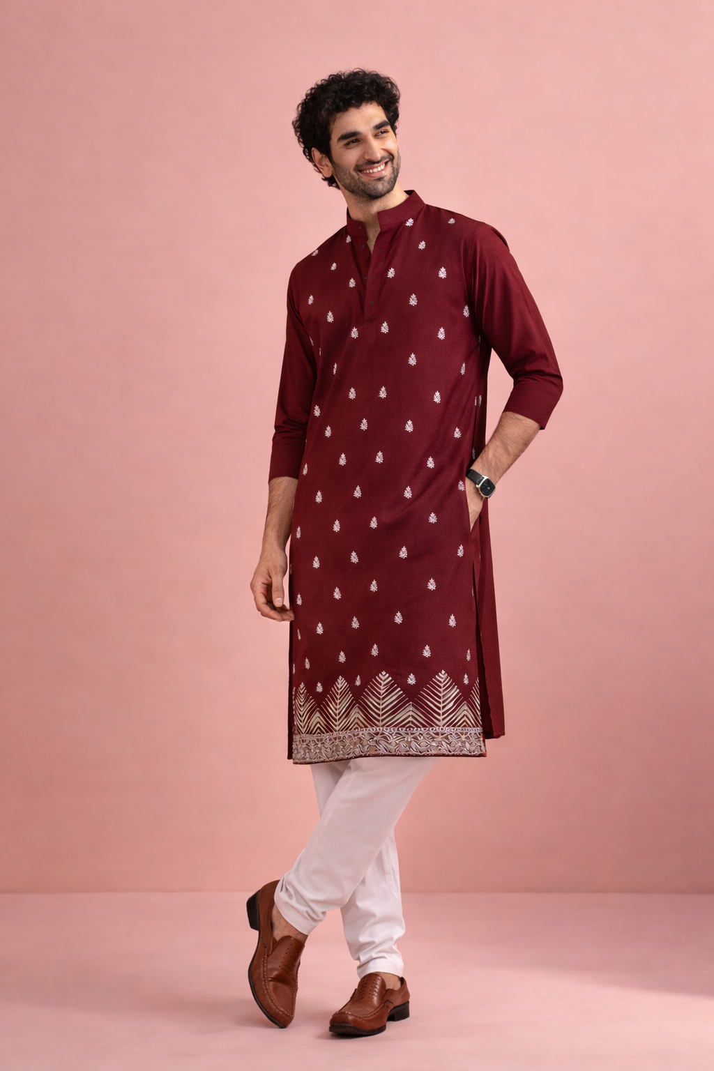 Rich Maroon Velvet Embroidered Kurta with Allover Buta Design