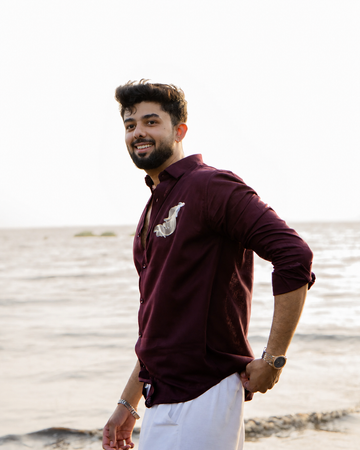 Brown Linen Resort Shirt with Feather Embroidery