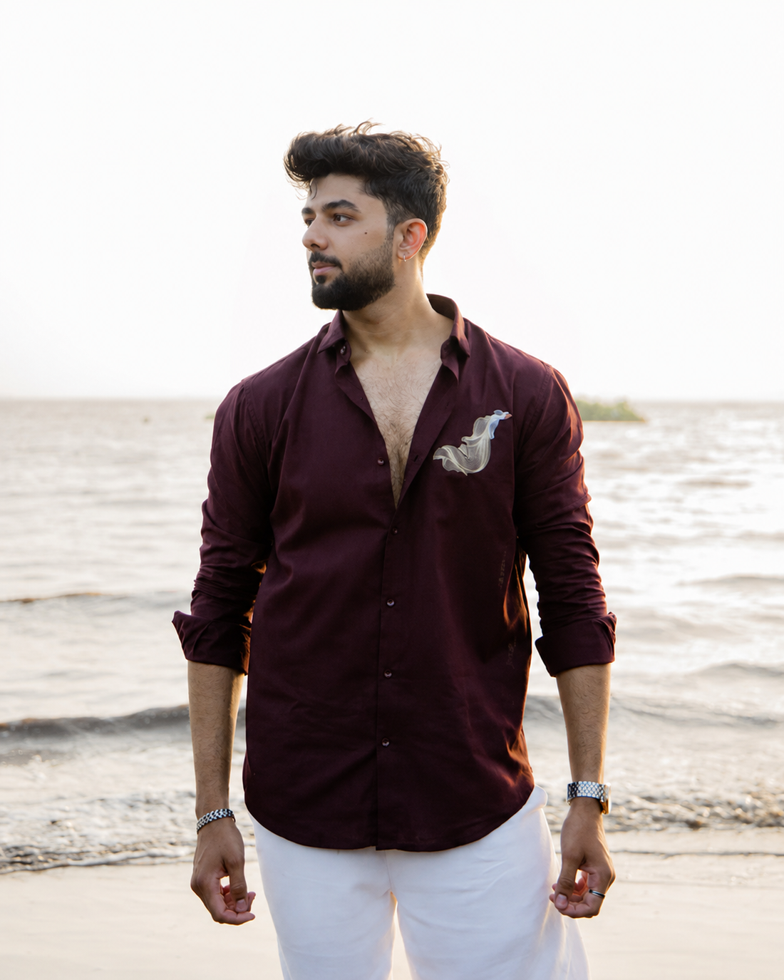 Brown Linen Resort Shirt with Feather Embroidery