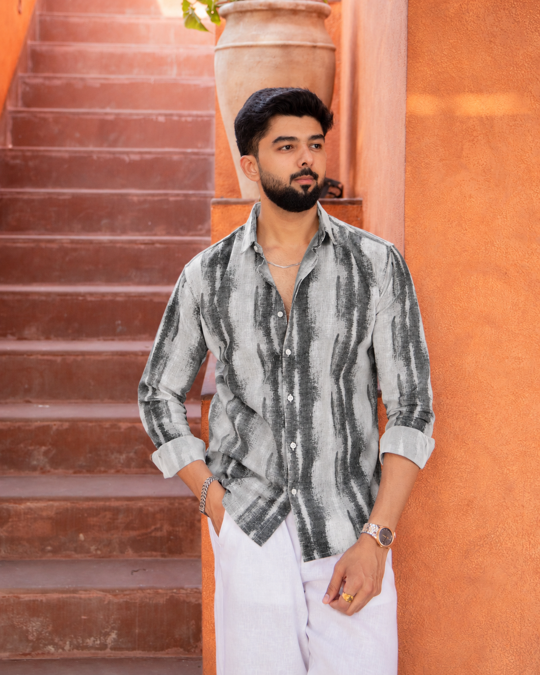Charcoal Wave Textured Striped Shirt