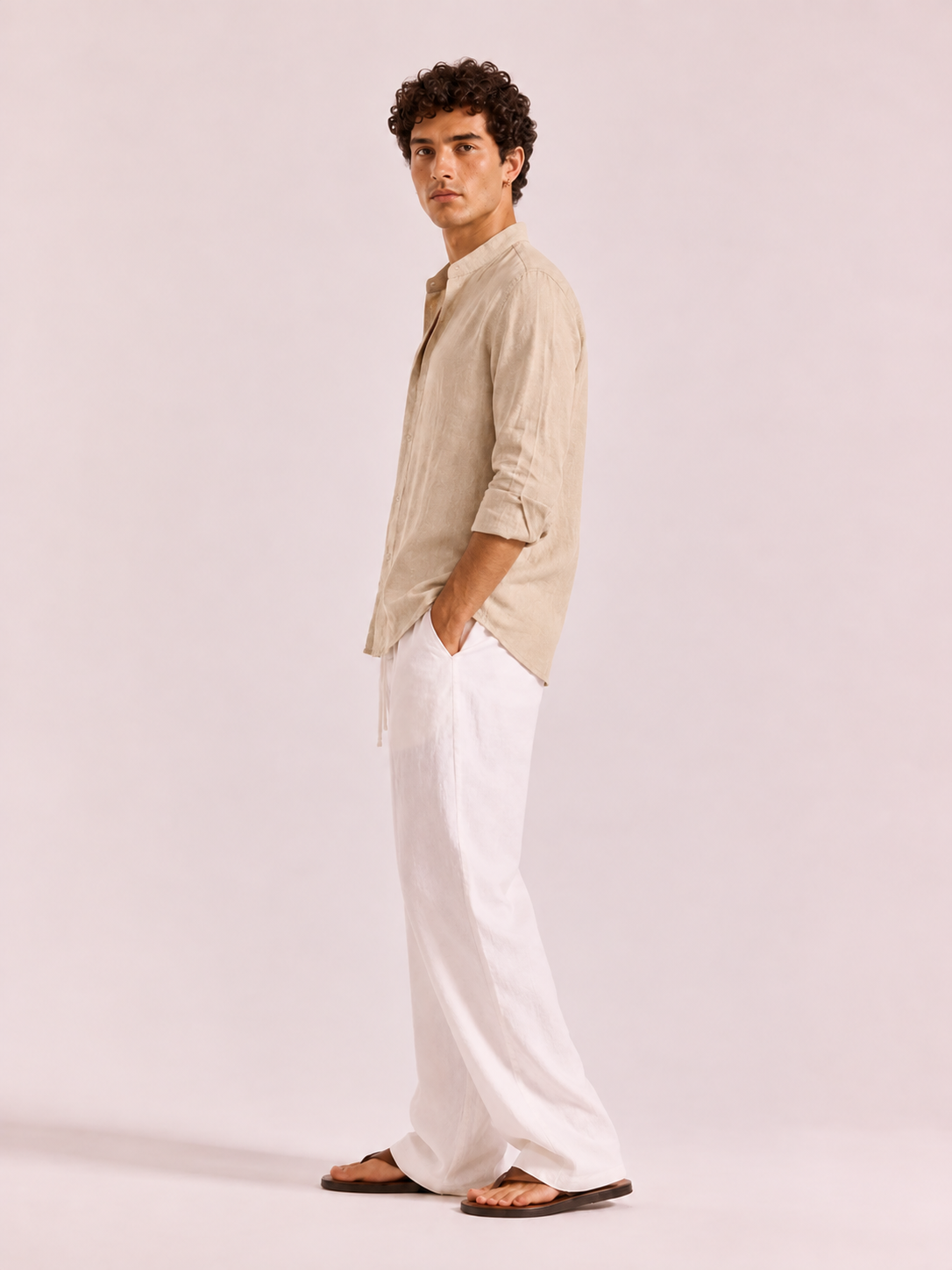 Ecru Linen Split-Neck Shirt