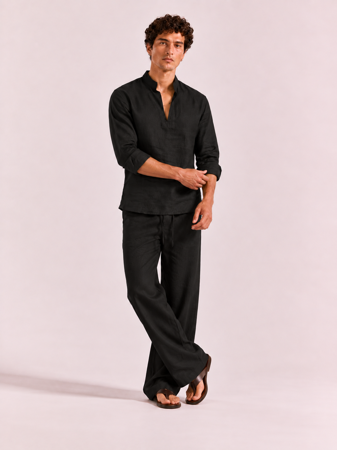 Black Linen Split-Neck Shirt