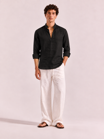 Black Linen Split-Neck Shirt