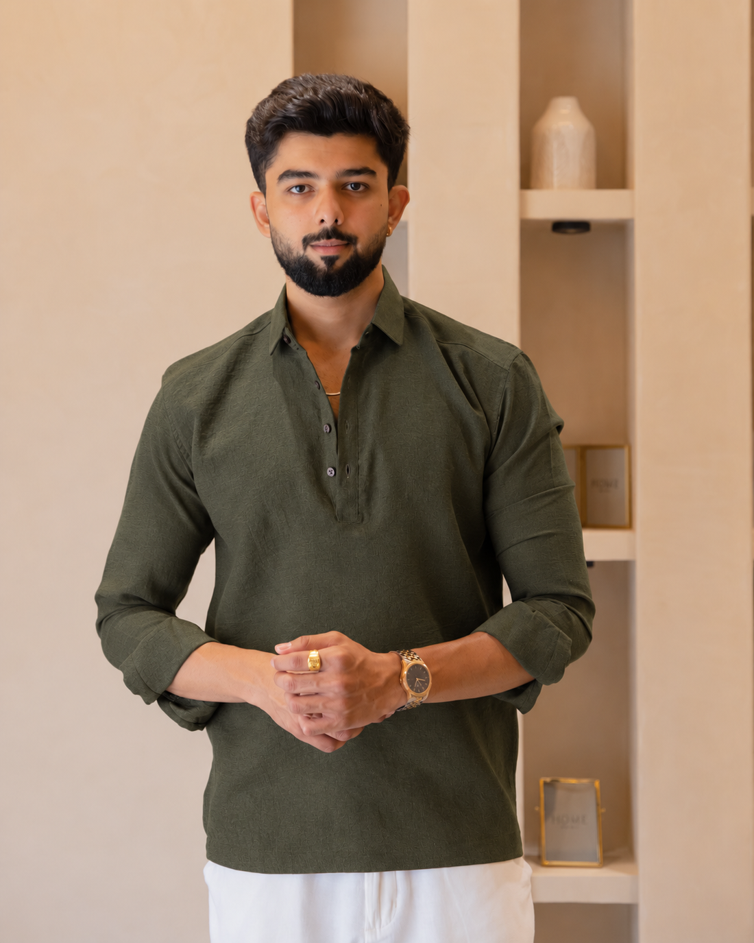 Olive Green Textured Popover Shirt
