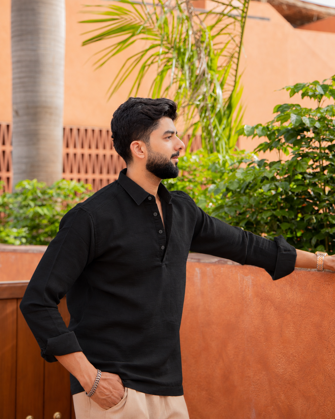 Black Textured Popover Shirt