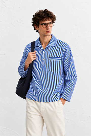 Blue Stripe Camp Collar Shirt