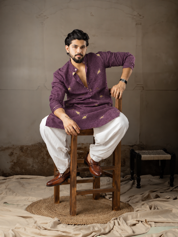 Wine Leaf Embroidery Motif Linen Kurta