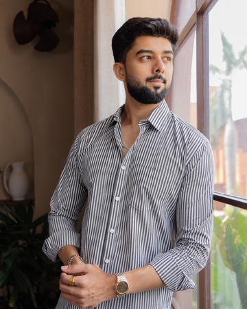 Grey Striped Poplin Shirt