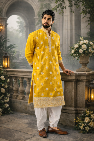 Maharaja Mustard Silk Embroidered Kurta