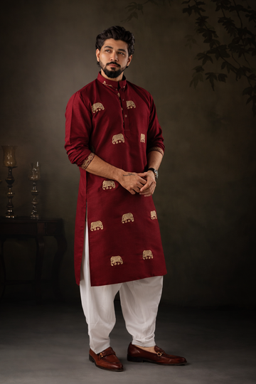 Maroon Elephant Embroidered Kurta