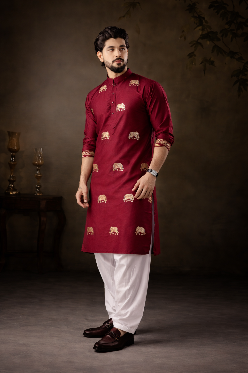 Maroon Elephant Embroidered Kurta