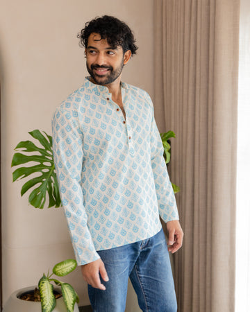 White Sky Blue Buta Short Kurta