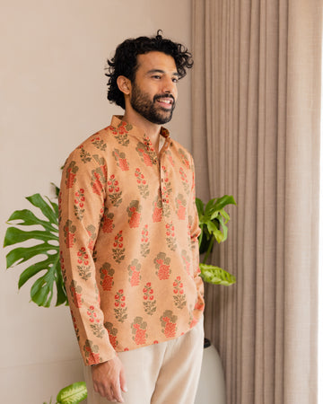 Peach Handblock-Inspired Print Short Kurta