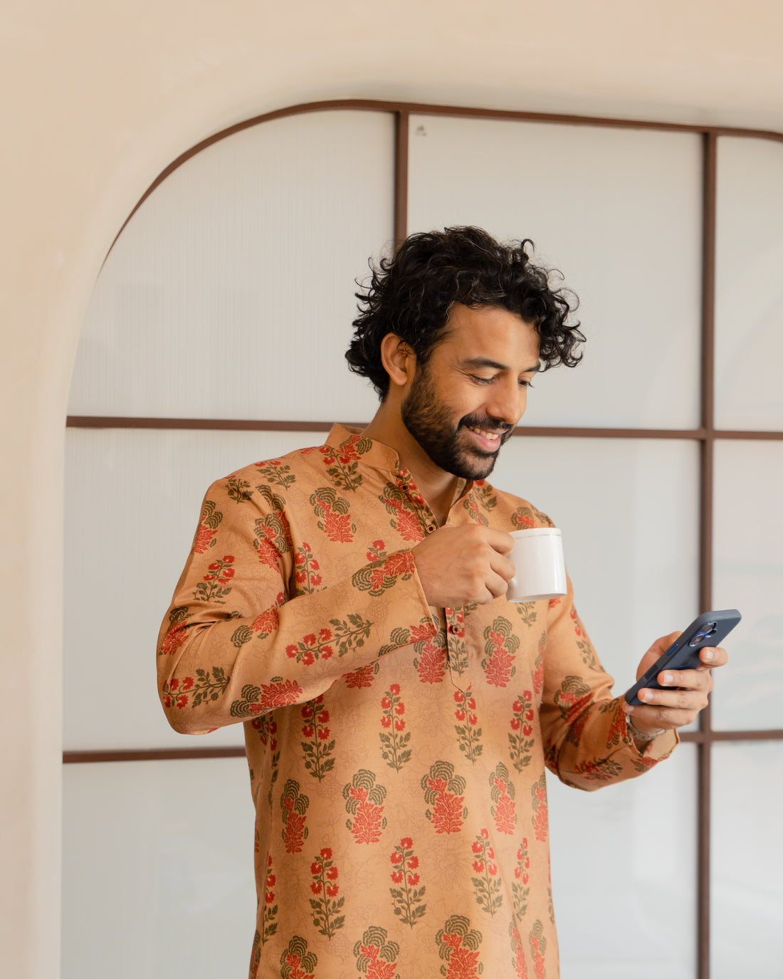 Peach Handblock-Inspired Print Short Kurta