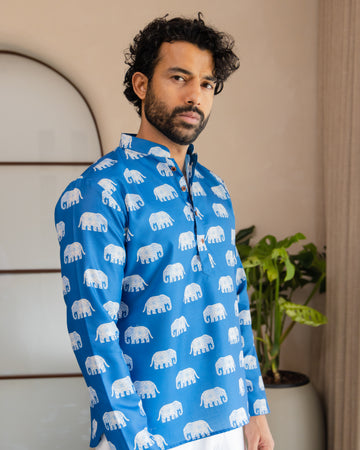 Cobalt Blue Heritage Elephant Motif Short Kurta