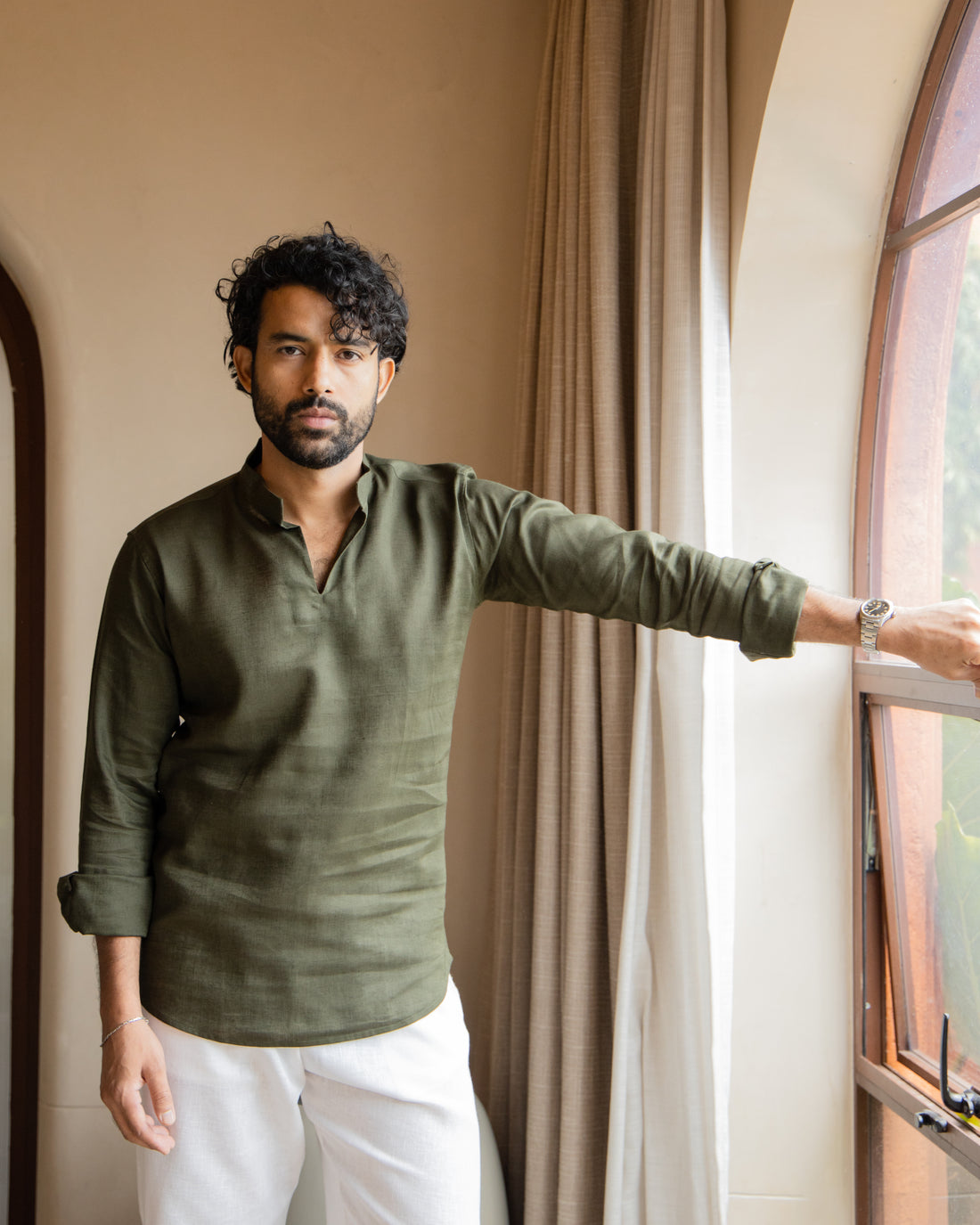 Olive Green Linen Split-Neck Shirt