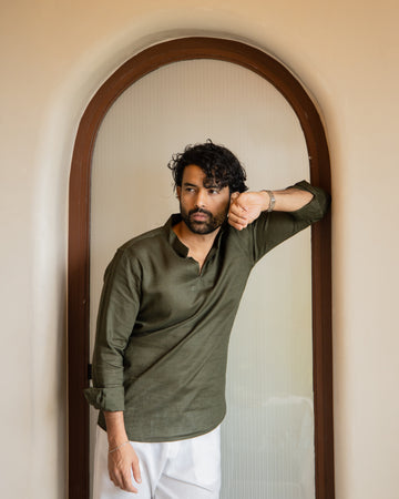 Olive Green Linen Split-Neck Shirt