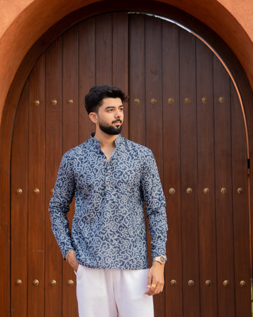 Denim Blue Heritage Vine Print Short Kurta
