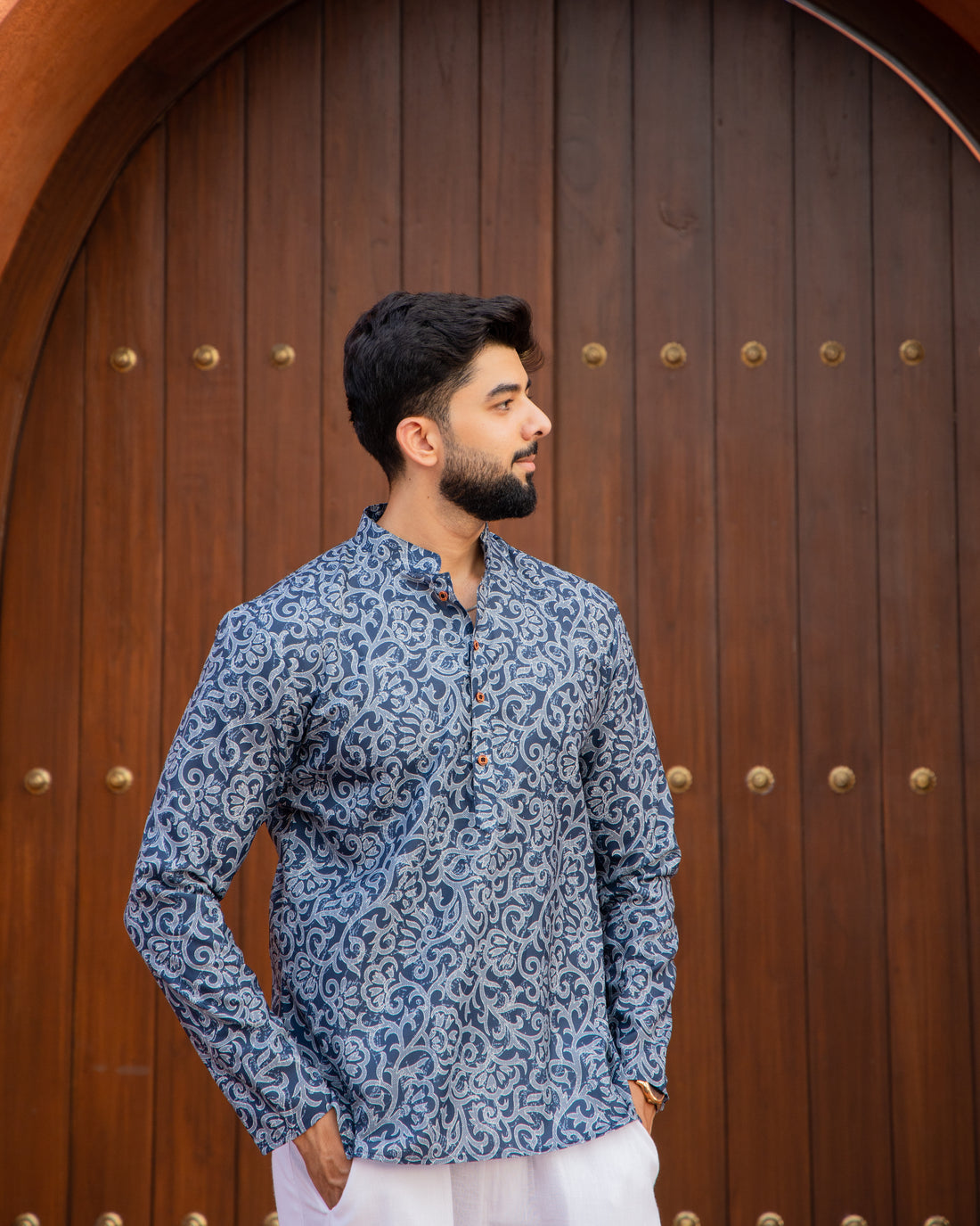 Denim Blue Heritage Vine Print Short Kurta