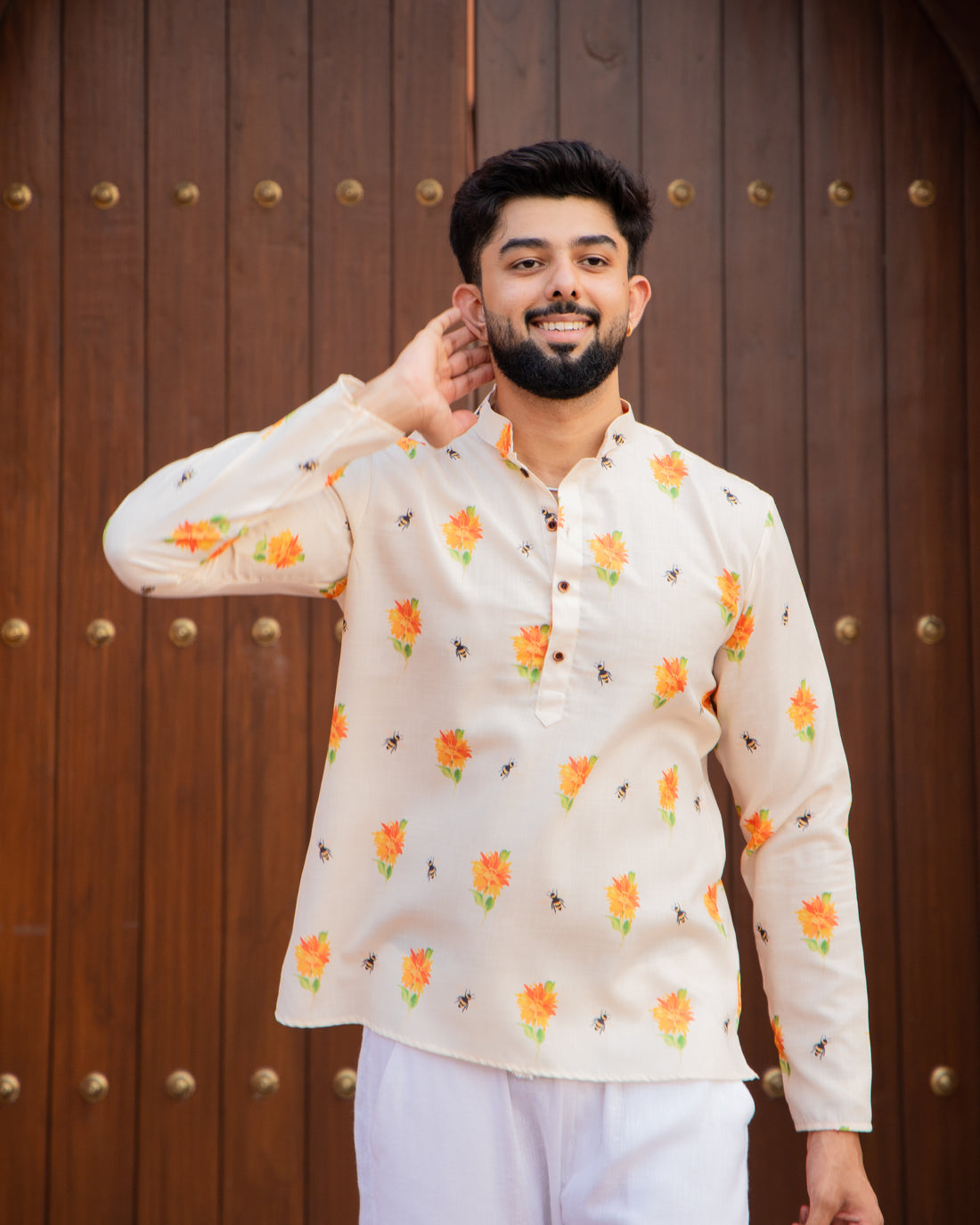 Cream Floral & Bee Short Kurta