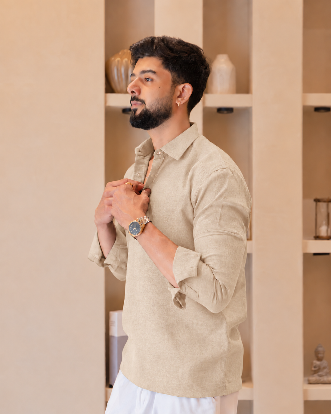 Ecru Textured Popover Shirt