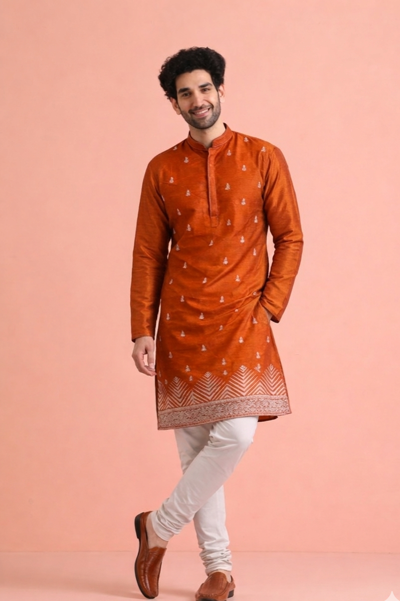 Rustic Orange Velvet Embroidered Kurta with Allover Buta Design