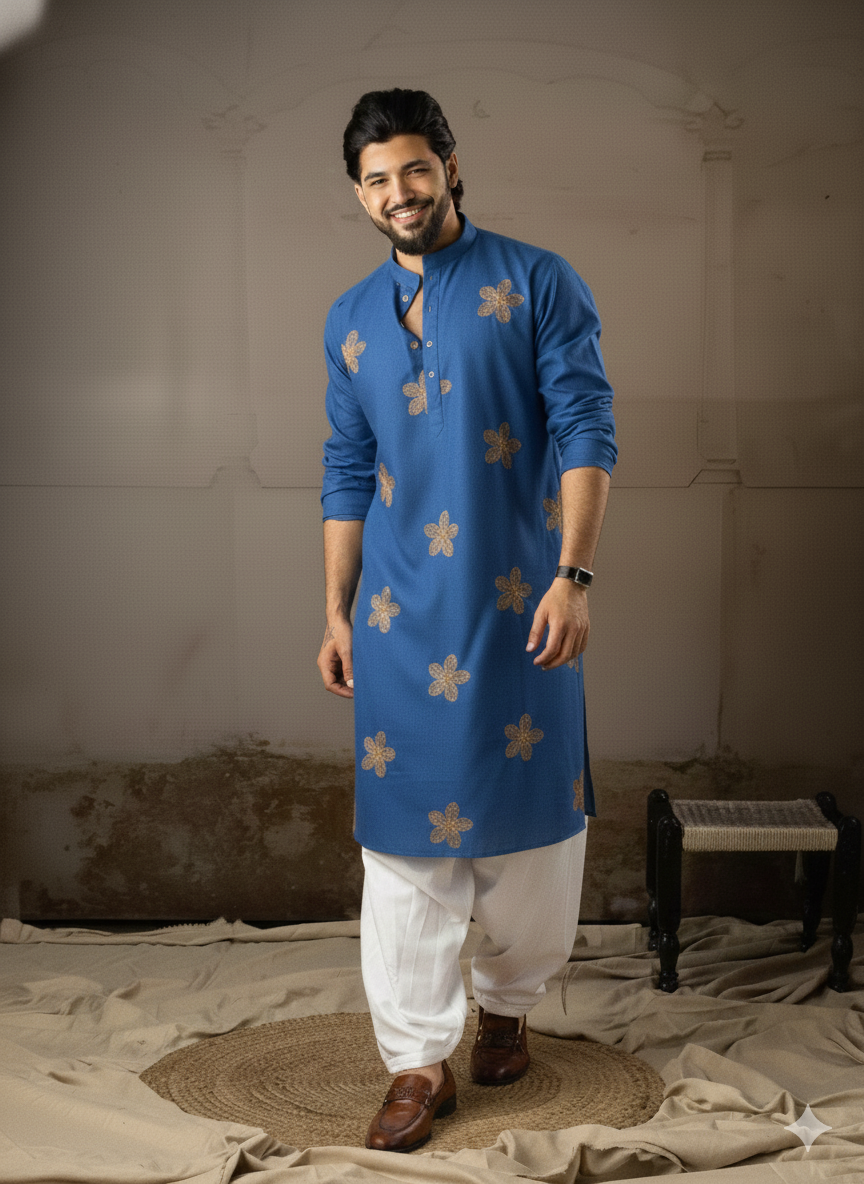 Peacock Blue Floral Embroidery Motif Linen Kurta
