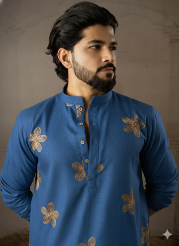 Peacock Blue Floral Embroidery Motif Linen Kurta