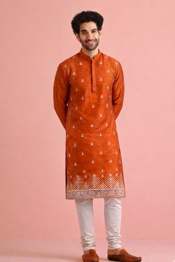 Rustic Orange Velvet Embroidered Kurta with Allover Buta Design