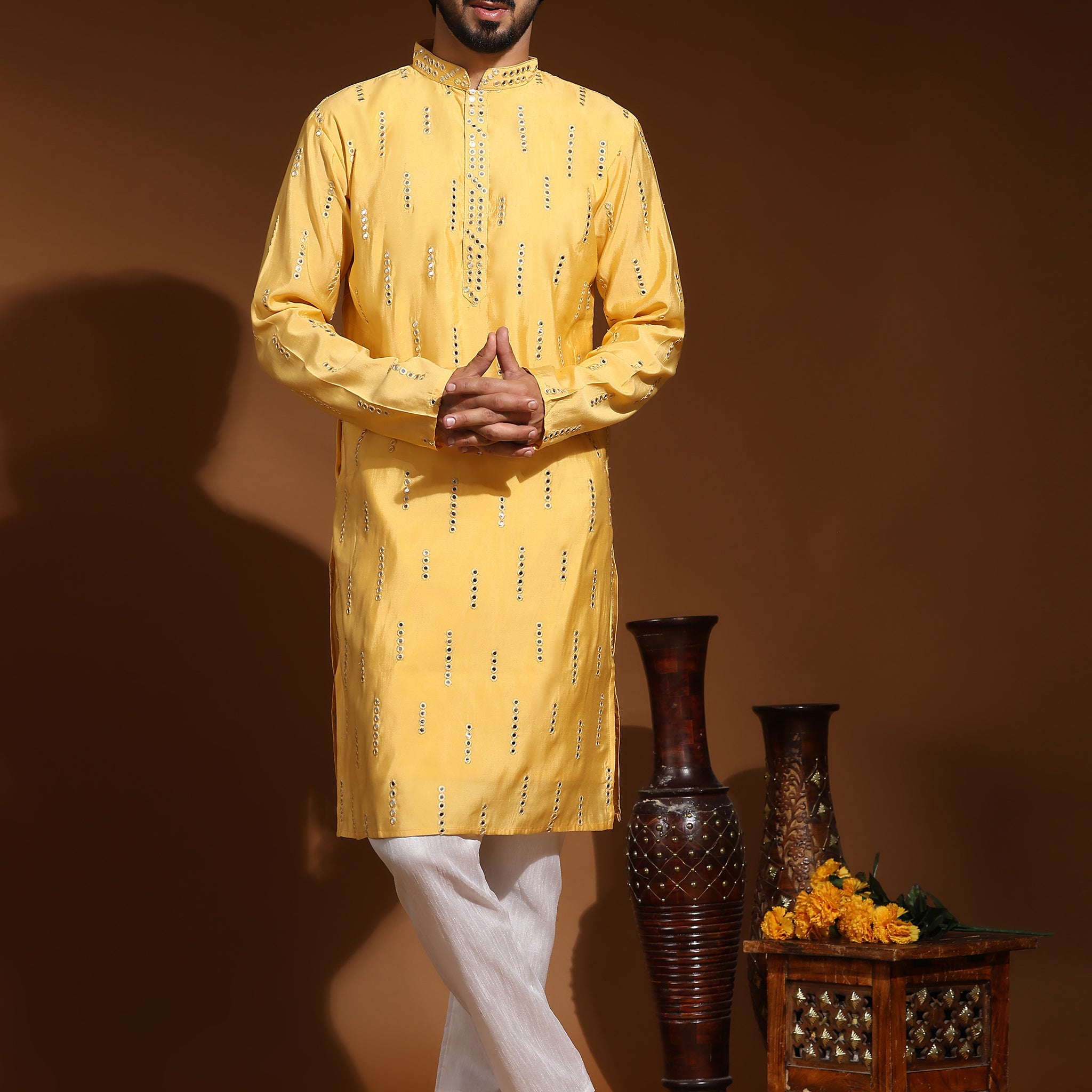 Yellow Mirror Work Kurta