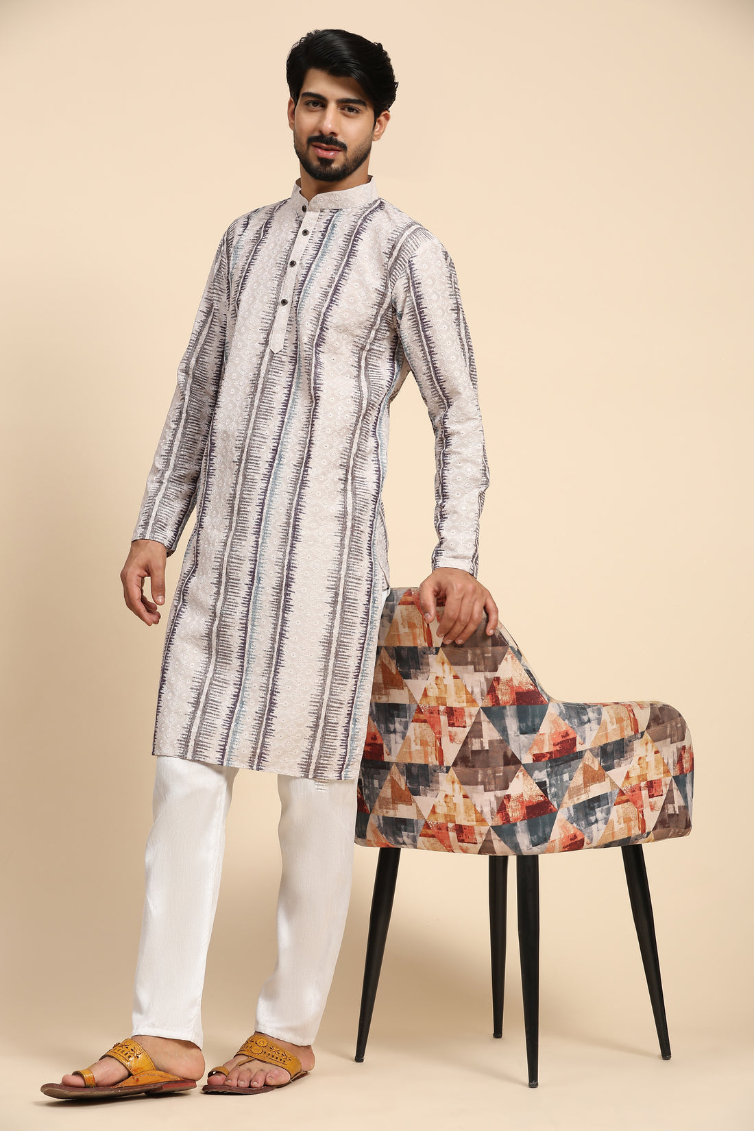 Grey Printed Chikankari Kurta