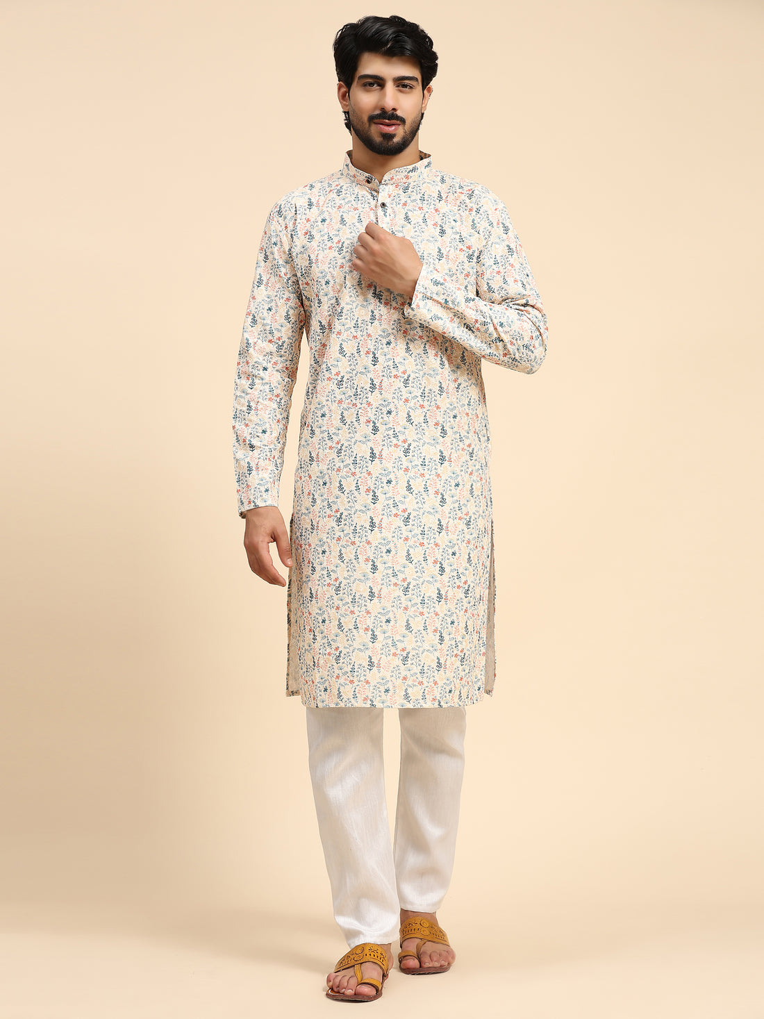 Cream Printed Chikankari Kurta