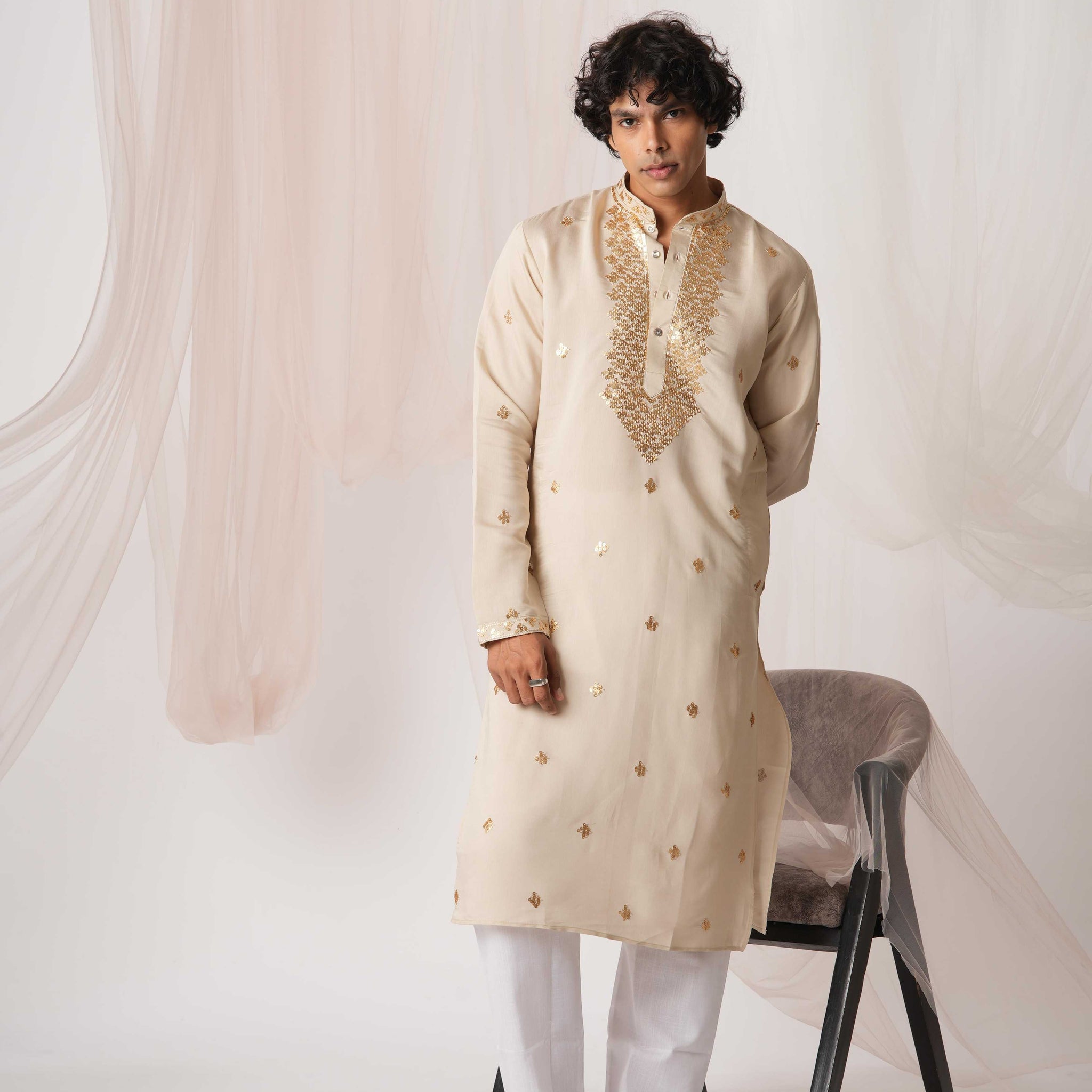 Beige Color Neck Work Embroidery Kurta