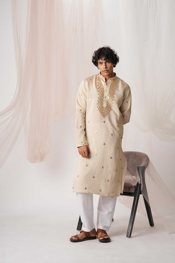 Beige Color Neck Work Embroidery Kurta