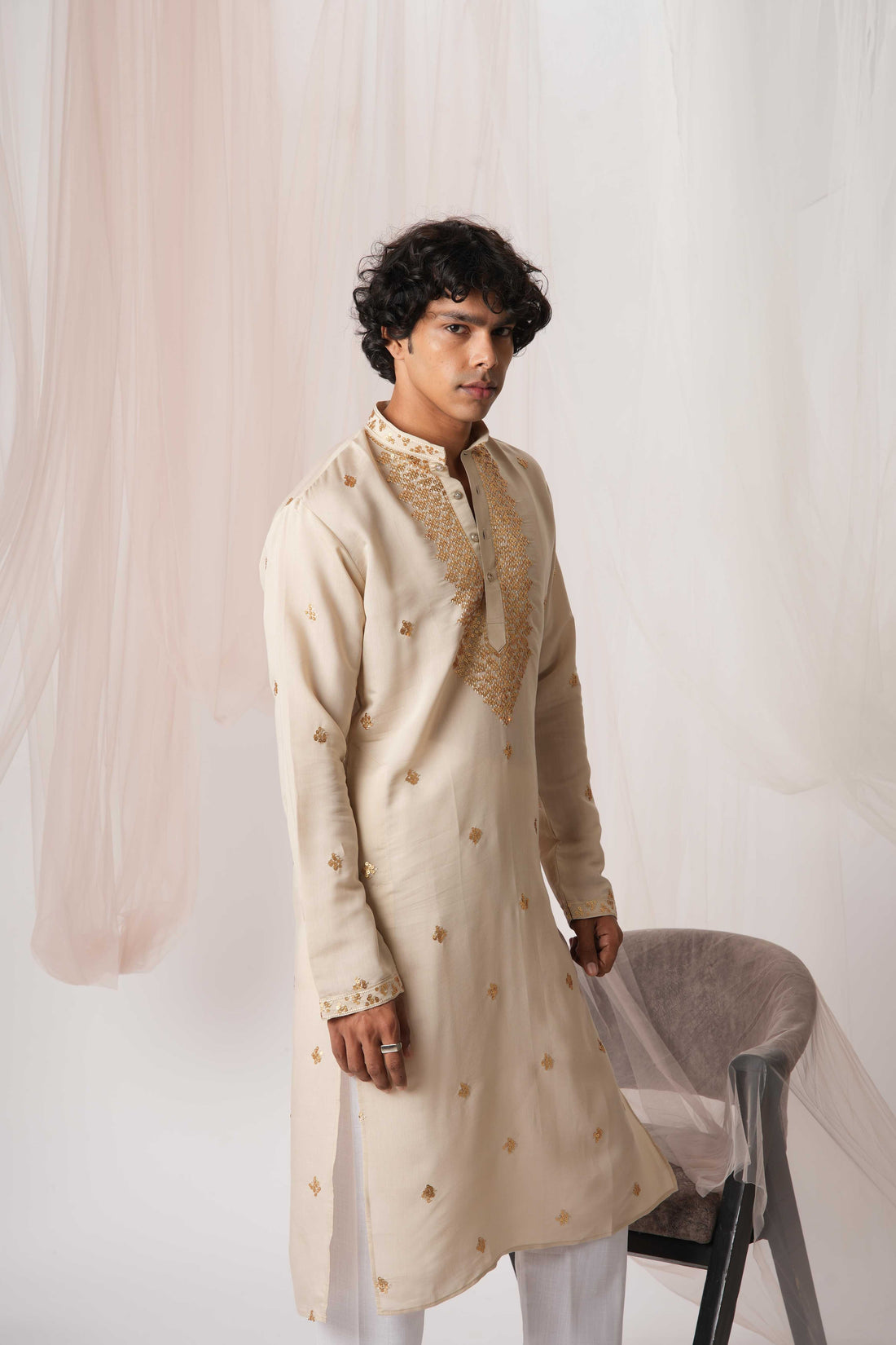 Beige Color Neck Work Embroidery Kurta