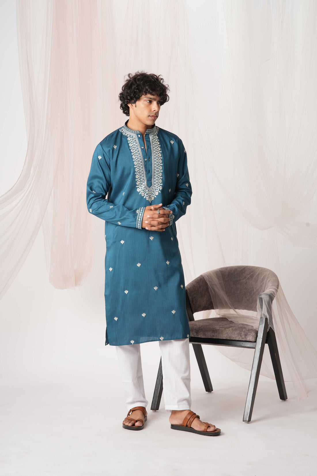 Peacock Blue Neck Work Embroidery Kurta