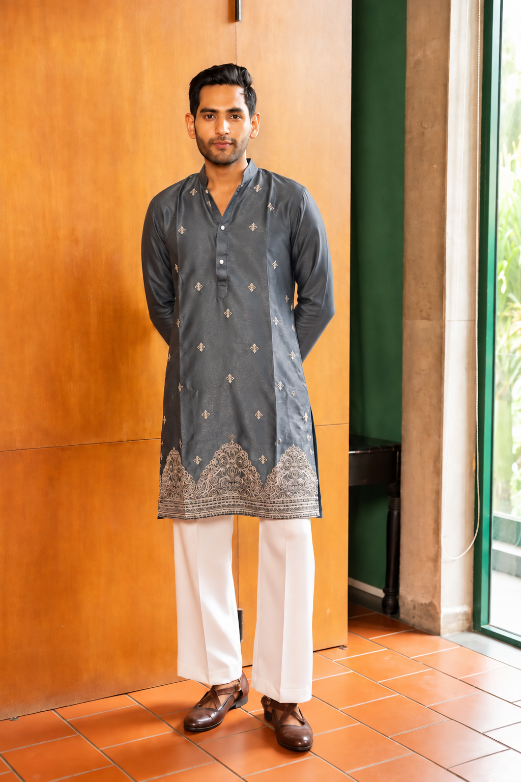 Charcoal Grey Heritage Embroidered Kurta