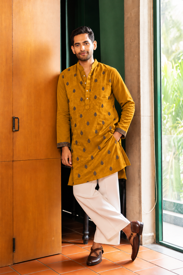 Mustard Gold Motif Embroidered Kurta