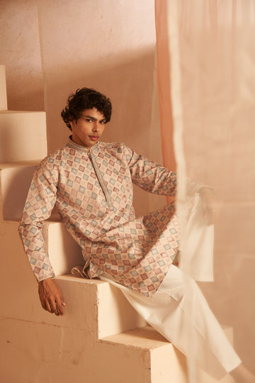 Cream Abstract Print and Neck Work Kurta