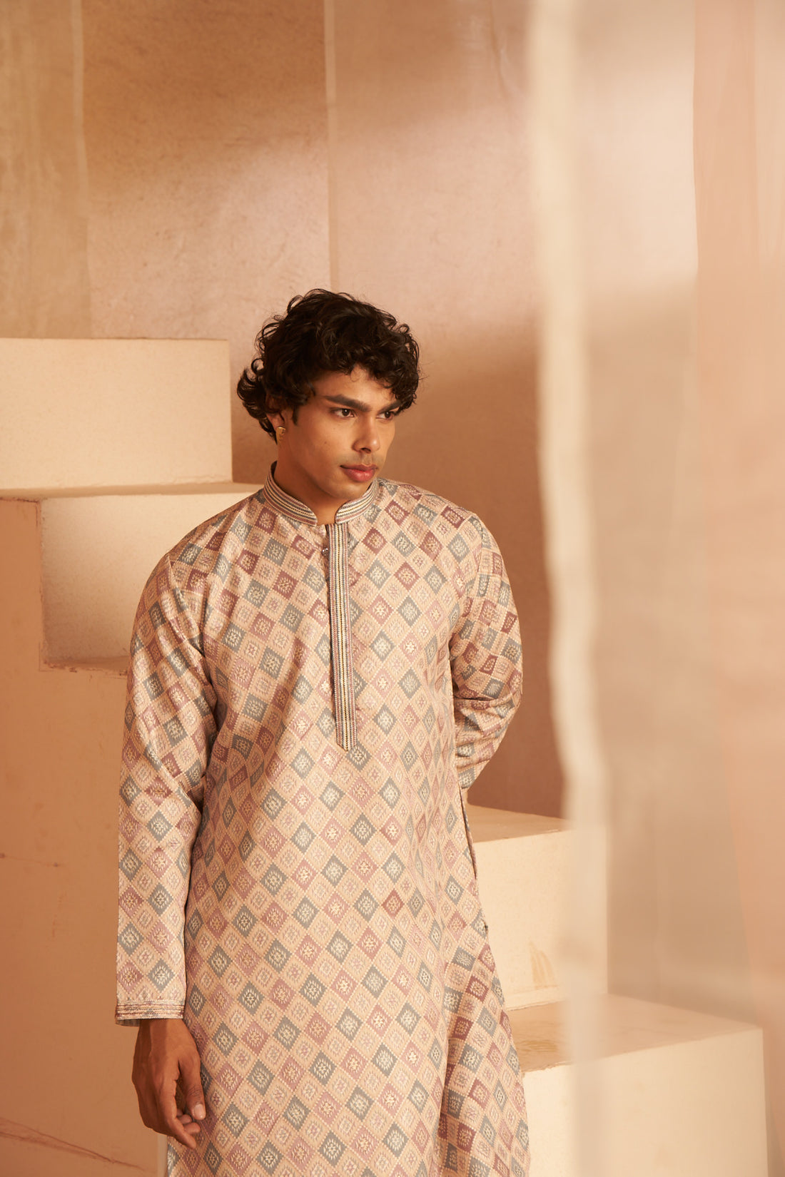 Cream Abstract Print and Neck Work Kurta